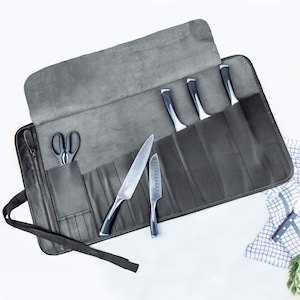 Personalized Black Leather Knife Roll Case With Zipped Pocket, Chef&#39;s Knife Wrap with Initials | Gift For Chefs, Kitchen Professionals