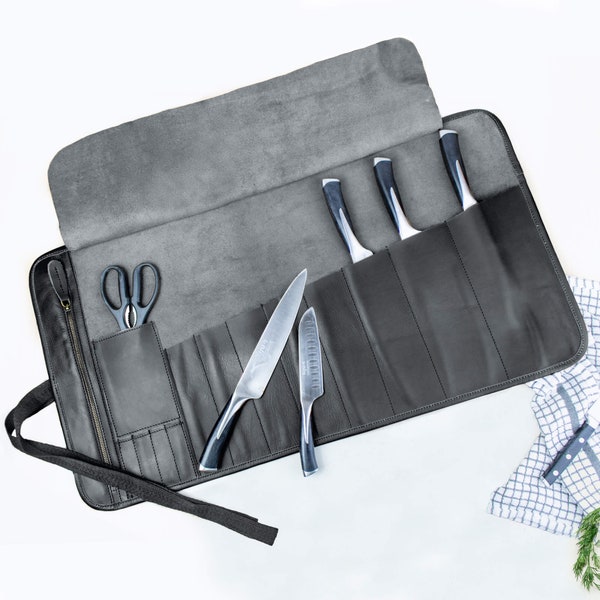 Étui à couteaux personnalisé en cuir noir avec poche zippée, Rouleau à couteaux de chef | Cadeau personnalisé pour chefs cuisiniers, professionnels de la cuisine
