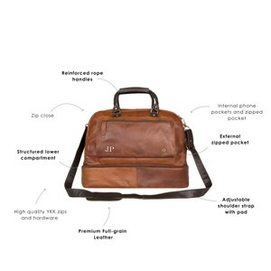 Personalized Large Leather Weekender Holdall Bag with Under Compartment for Shirts Brown Leather Overnight Bag For Him Travel Bag image 2