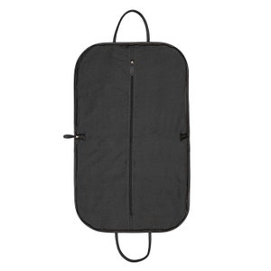 May include: A black garment bag with a zipper closure and a top handle. The bag is made of a durable fabric and is designed to protect clothing while traveling.