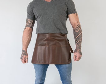 Vintage Brown Full Grain Leather Half Apron for Chefs, Artists and Waiters, Perfect for Hobbyists, Hospitality Business, Home Cooks & Bakers