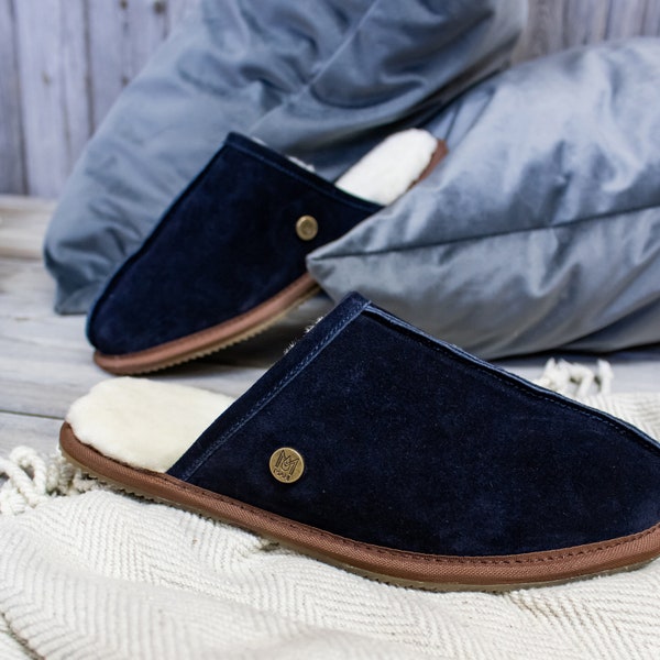 Unisex/Mens Handmade Sheepskin Slippers in Navy Blue Suede Leather House Shoes Gift For Him by MAHI | Fathers Day Gift
