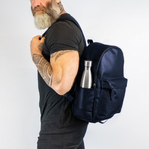 Personalized Navy Leather Backpack with Side Pockets & 13&quot; Laptop Capacity For School Work College | Unisex Monogram Rucksack | Handmade