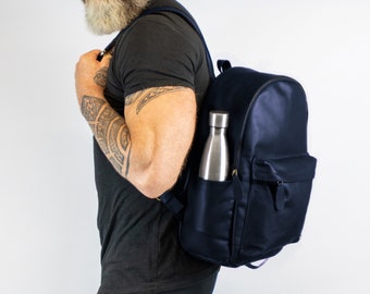 Personalized Navy Leather Backpack with Side Pockets & 13" Laptop Capacity For School Work College | Unisex Monogram Rucksack | Handmade