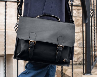Traditional Black Leather Satchel with 15" Laptop Capacity | Classic Leather Book Bag with Personalized Initials | Back to School Gift