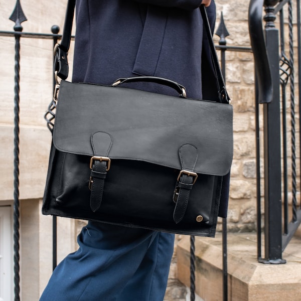 Klassische schwarze Leder Umhängetasche - Umhängetasche - Büchertasche - Schultasche/Arbeitstasche mit 15 Zoll Laptop Kapazität - Vollnarbenleder von MAHI