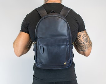 Navy Blue Leather with Personalized Initials | Laptop College Backpack | Unisex Work Backpack with Custom Monogram | Full Grain Blue Leather