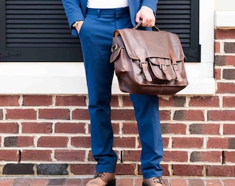 Handmade Leather Satchel For Him | Mens 15&quot; Laptop Bag For Work | Brown Leather Messenger Bag with Personalized Initials | Back to School