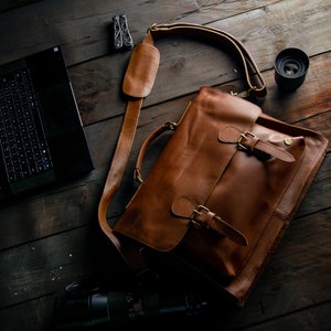 Traditional Brown Full Grain Leather Satchel - Messenger Bag - Book Bag – School Bag/Work Bag with 15" Laptop Capacity by MAHI