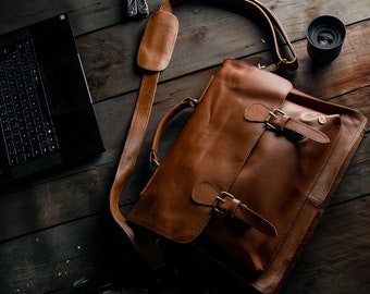 Traditional Brown Full Grain Leather Satchel - Messenger Bag - Book Bag – School Bag/Work Bag with 15" Laptop Capacity by MAHI