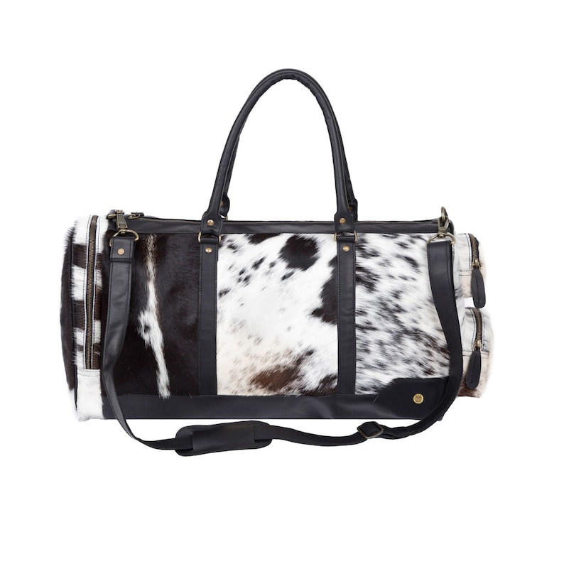 WeekendOvernight Bag in Black /& White Cow Print Pony Hair by MAHI Leather Cowhide HoldallDuffle Animal Print with Natural Fur