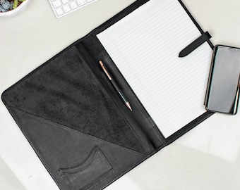 Personalized Black Full Grain Leather Portfolio Padfolio Folder For A4 Document and Notepad Holder | Business Work Folio Organizer by MAHI