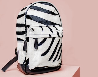 Cowhide Leather Backpack in Black and White Zebra Print Pony Hair and Full Grain Leather - 13 inch laptop Handmade by MAHI | Back to School