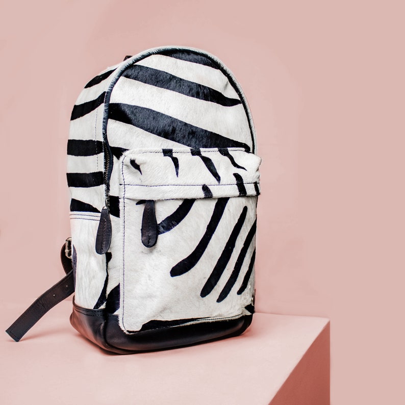 Cowhide Leather Backpack in Black and White Zebra Print Pony Hair and Full Grain Leather 13 inch laptop Handmade by MAHI Back to School image 1