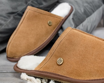 Unisex/Mens Handmade Sheepskin Slippers in Tan (brown/beige) Suede Leather House Shoes Gift For Him by MAHI | Fathers Day Gift