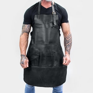 Distressed Multi-Pocket Leather Apron | Black Full Grain Leather For Hobbyists Woodwork Blacksmith BBQ | Custom Initials Fathers Day Gift