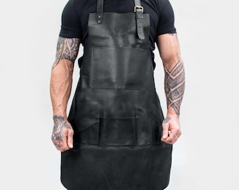 Distressed Multi-Pocket Leather Apron - Black Full Grain Leather - Apron For Hobbyists Woodwork Blacksmith by MAHI | Fathers Day Gift