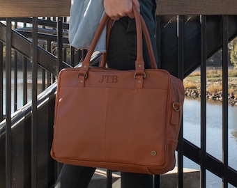 Personalized Full Grain Leather Briefcase - Work Bag - Satchel - 15 inch Laptop Capacity in Vintage Brown Handmade by MAHI