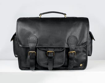 Bolso bandolera de cuero negro artesanal hecho a mano / Bolso para portátil de 15" con iniciales personalizadas / Bolso bandolera utilitario / Regalo para el Día del Padre