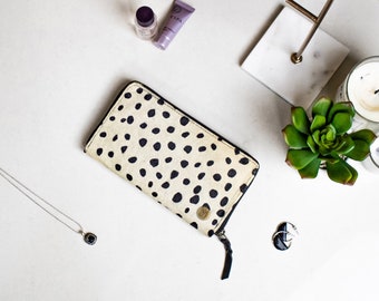 Leather Cowhide Purse/Wallet Gift For Her Handmade in Spotted 'Pony Hair' Print | Dalmatian Print | Black and White Spot Print by MAHI