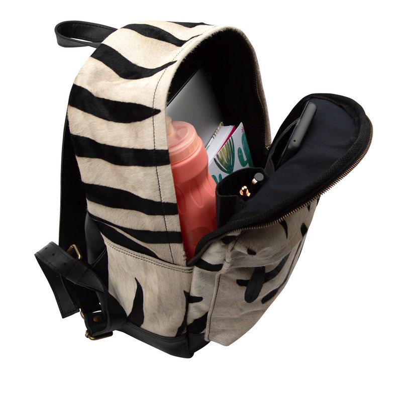 Cowhide Leather Backpack in Black and White Zebra Print Pony Hair and Full Grain Leather 13 inch laptop Handmade by MAHI Back to School image 7