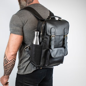 Personalized Black Full Grain Leather Leather Square Backpack | 16&quot; Laptop Capacity Utility Rucksack with Multi Pockets | Monogram Backpack