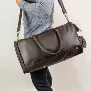 Personalized Leather Multi Pocket Duffel Bag | Monogram Weekend Bag | Overnight Leather Bag in Dark Brown | Travel Bag with Custom Initials