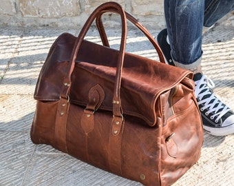 Personalized Large Full Grain Leather Weekend Holdall - Weekend Bag - Overnight Bag - Travel Bag - in Vintage Brown Handmade by MAHI Leather