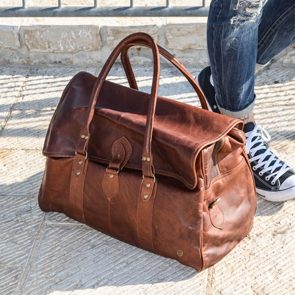 Personalized Large Full Grain Leather Weekend Holdall - Weekend Bag - Overnight Bag - Travel Bag - in Vintage Brown Handmade by MAHI Leather