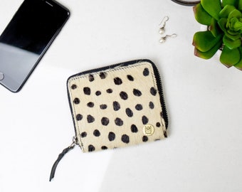 Mini Leather Cowhide Coin Purse/Small Wallet For Her Handmade in Spotted 'Pony Hair' Print | Dalmatian Print | Black and White Spot Print