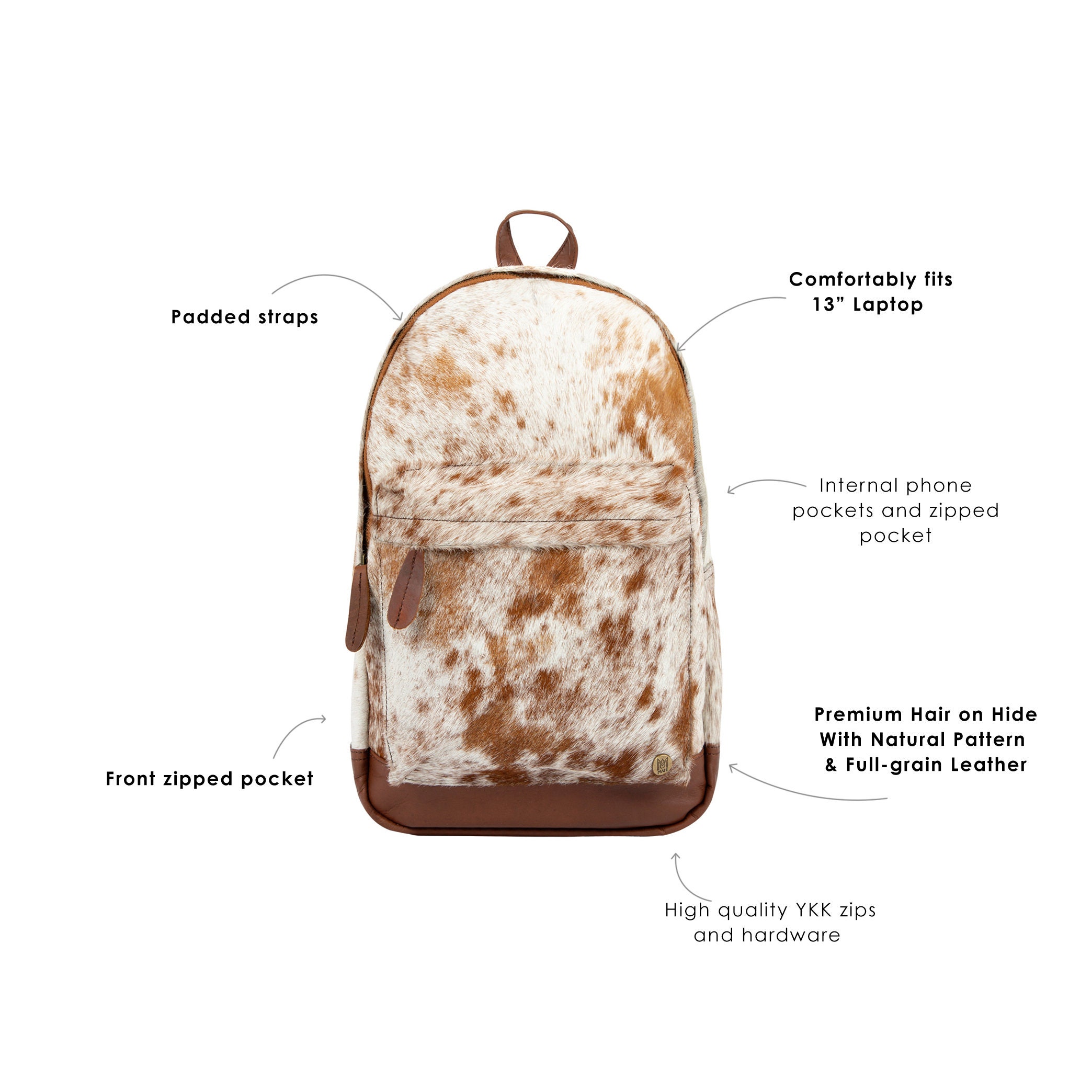 Natural Cowhide Leather Backpack in Brown & White 