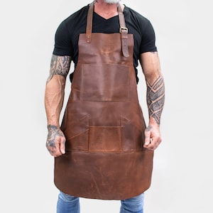 Distressed Multi-Pocket Leather Apron | Brown Full Grain Leather Apron For Hobbyists Woodwork Blacksmith | Custom Initials Fathers Day Gift