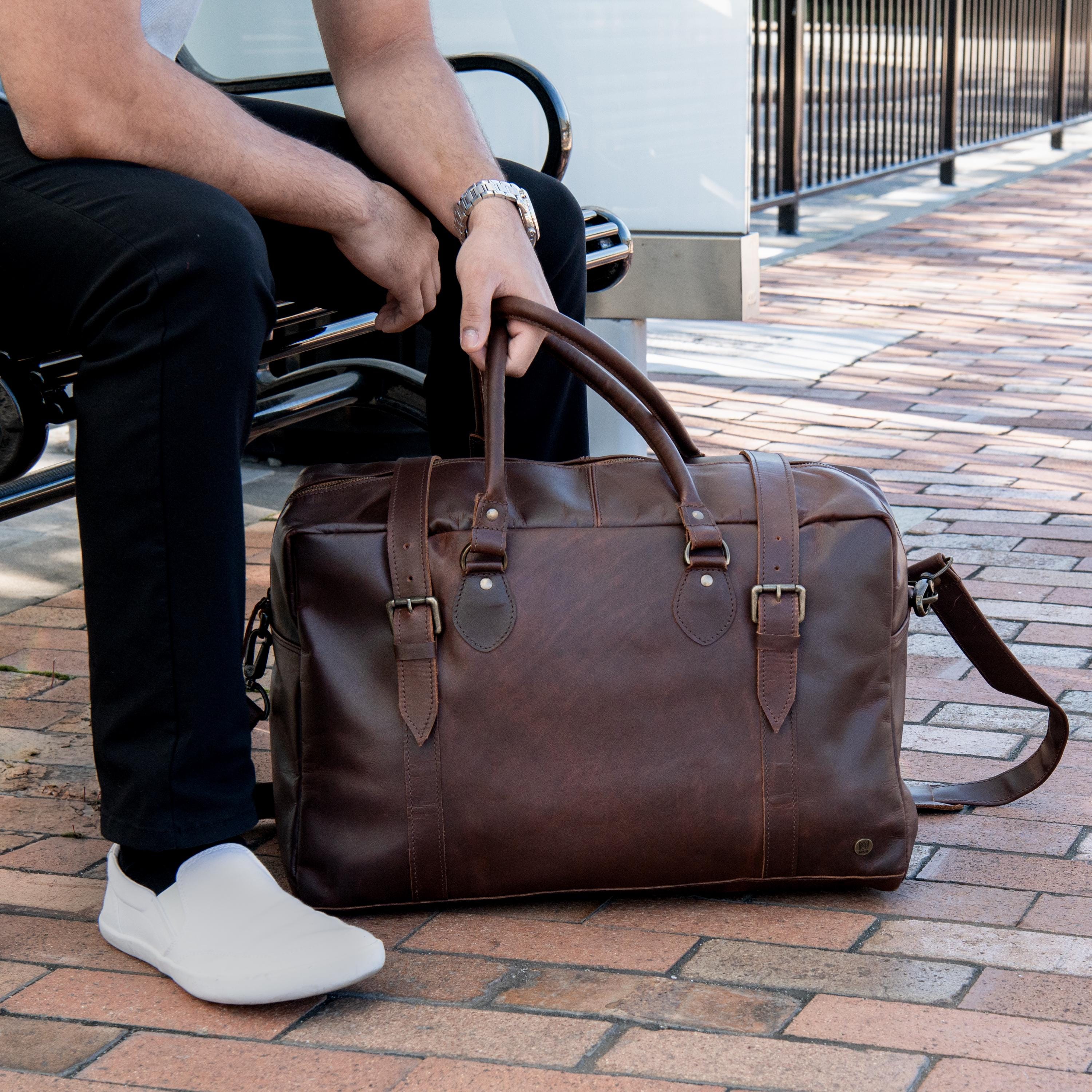 Personalized Leather Doctor Bag with Buckles | Full Grain Leather Travel Bag with Personalized Initials | Monogram Brown Leather Holdall