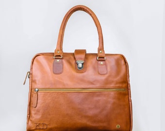 Personalized Full Grain Leather Clip Satchel - Briefcase - Work Bag - 15" Laptop Capacity in Vintage Brown Handmade by MAHI