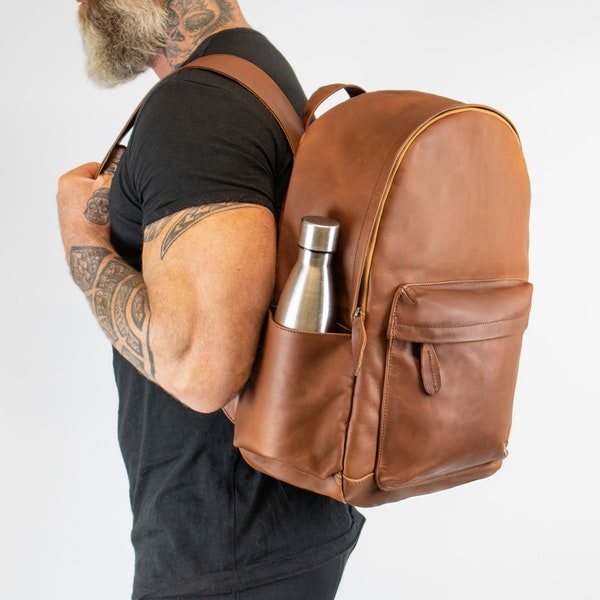 Personalized Brown Leather Backpack with 16" Macbook Compartment, external side pockets and luggage strap | Unisex Rucksack | Back to School