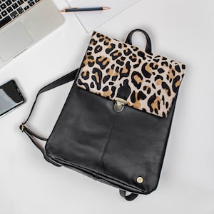 Personalized Black Leather Minimalist Backpack with Leopard Print Hair on Hide | Women&#39;s Backpack with 15&quot; Laptop Capacity | Monogram Gift