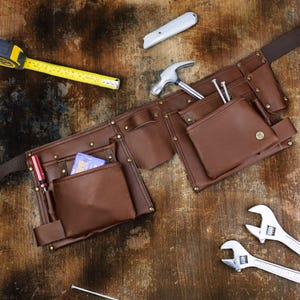 Personalized Initials Brown Leather Tool Belt | Wrench Holder Mechanics Tool Belt | Gift for Crafters, Hobbyists, Carpenter Fathers Day Gift