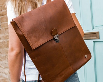 Personalized Brown Leather Unisex Backpack For Her For Him Work Bag Casual Womens Mens Rucksack Handmade with 15" Laptop Capacity by MAHI