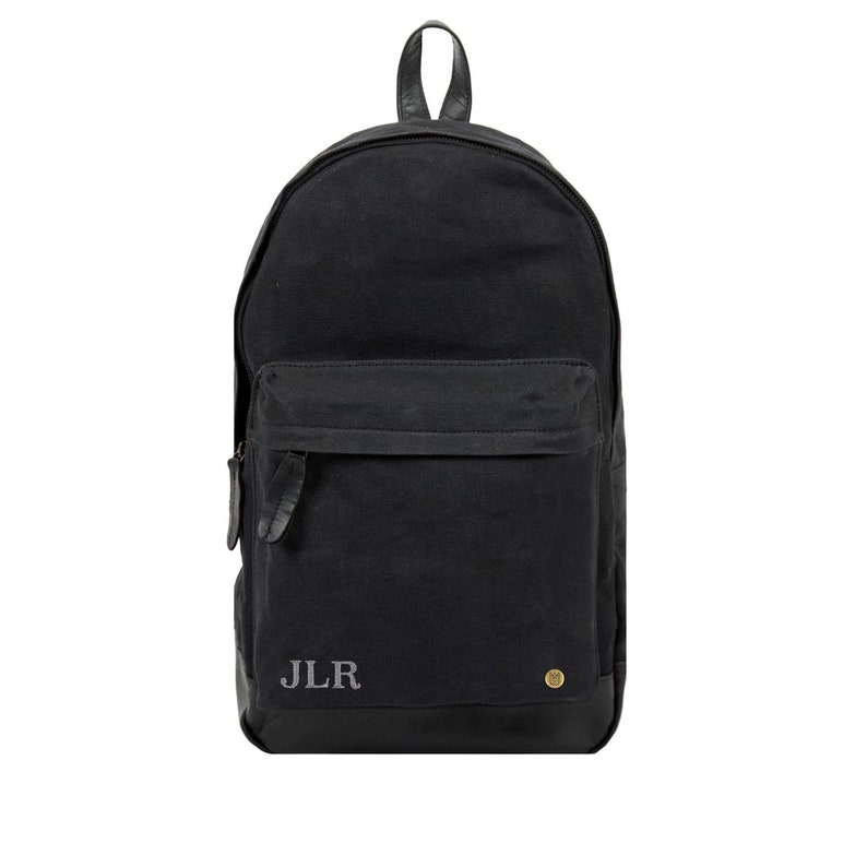 Personalized Waxed Canvas Leather Backpack with 13 Laptop Capacity in Black Unisex Mens Womens Backpack For College Back to School image 2