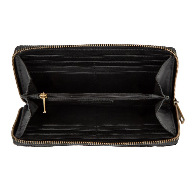 Cartera de piel negra con estampado de cocodrilo para ella / Cartera de piel personalizada para mujer / Cartera negra con estampado animal / Regalo para el tercer aniversario de bodas imagen 6