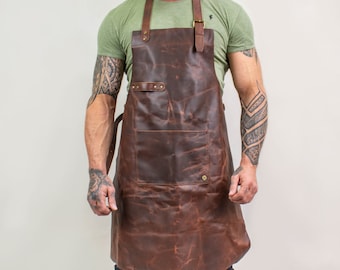 Distressed Leather Apron - Full Grain Leather - Apron For Hobbyists Woodwork Blacksmith with Pockets and Towel Loop | Fathers Day Gift