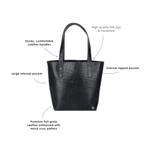 Personalized Black Crocodile Print Leather Tote Handbag in Full Grain Leather with Monogram Initials Gift For Her Handmade by MAHI image 2