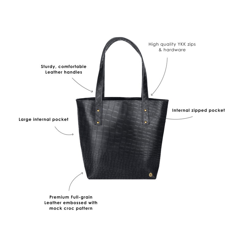 Personalized Black Crocodile Print Leather Tote Handbag in Full Grain Leather with Monogram Initials Gift For Her Handmade by MAHI image 2