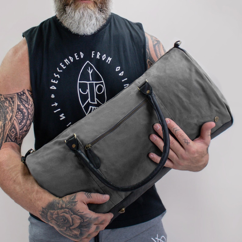 Gym Duffle Bag HANDMADE Grey Waxed Canvas & Black Full Grain Leather Weekend Bag Overnight Bag Casual Personalised by MAHI No Personalisation