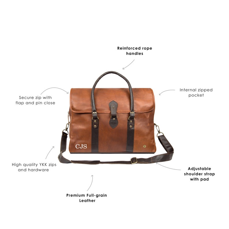 Personalized Large Brown Leather Travel Bag Weekender Holdall Overnight Bag with Monogram Initials in Two Tone Handmade by MAHI image 3