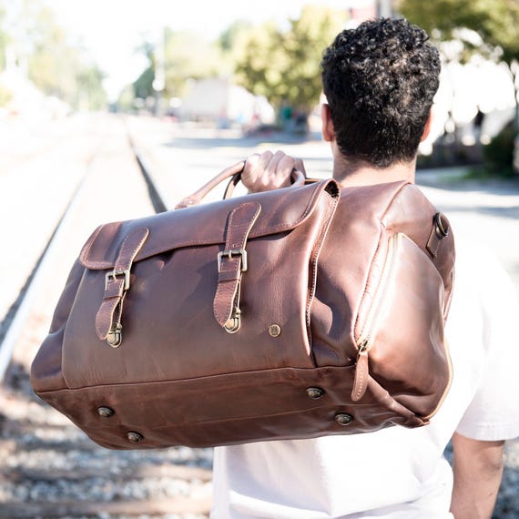Full Grain Leather Overnight Bag With Side Shoe Compartment Monogram Brown Leather Travel Bag Weekend Bag With Personalised Initials Etsy