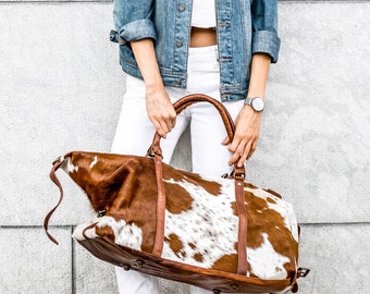 Large Leather Cowhide Duffle Bag - Natural Fur Animal Print - Weekend/Overnight Bag in Brown & White Cow Print Pony Hair by MAHI