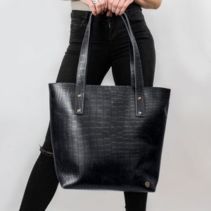 Personalized Black Crocodile Print Leather Tote Handbag in Full Grain Leather with Monogram Initials Gift For Her Handmade by MAHI image 1