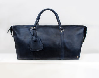 Personalized Large Navy Leather Weekend Duffle - Leather Holdall - Leather Overnight Bag - Duffel Weekender in Dark Blue by MAHI