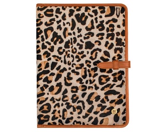 Leopard Print Cowhide With Brown Detail Portfolio Folder For A4 Document + Notepad Holder |Business Work Folio Organizer|